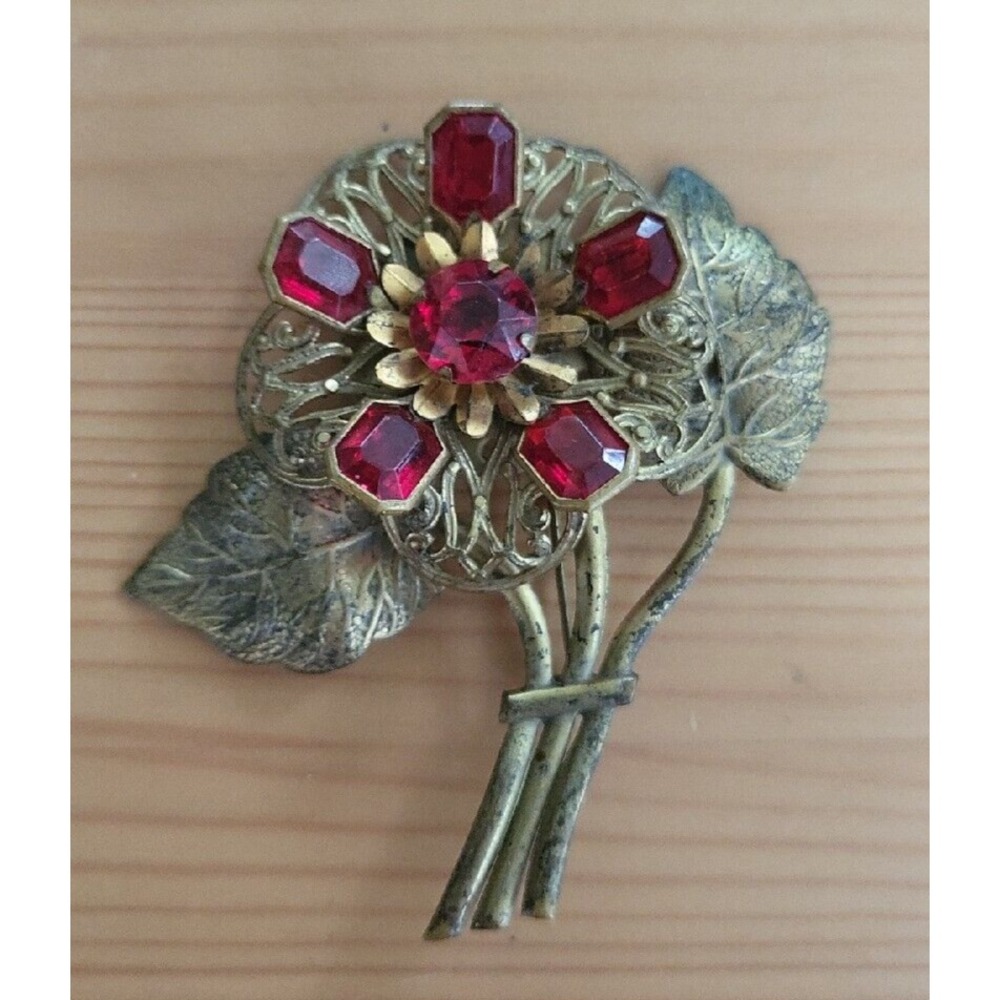 Antique Czech Flower Red Stones Brass Filigree Leaves Stem Brooch Art Deco